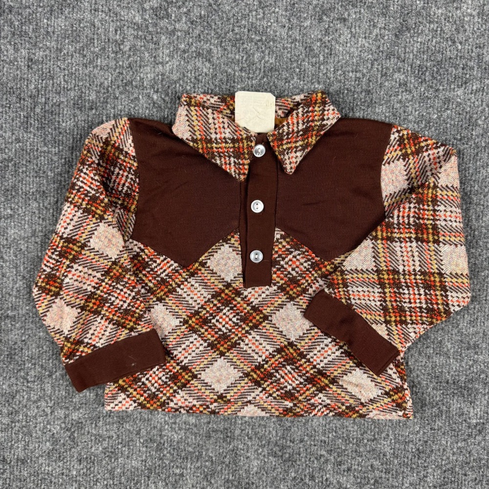 So Nice Polo Shirt Kids Size 4 Brown Plaid Knit Long Sleeve Vintage 70s Retro